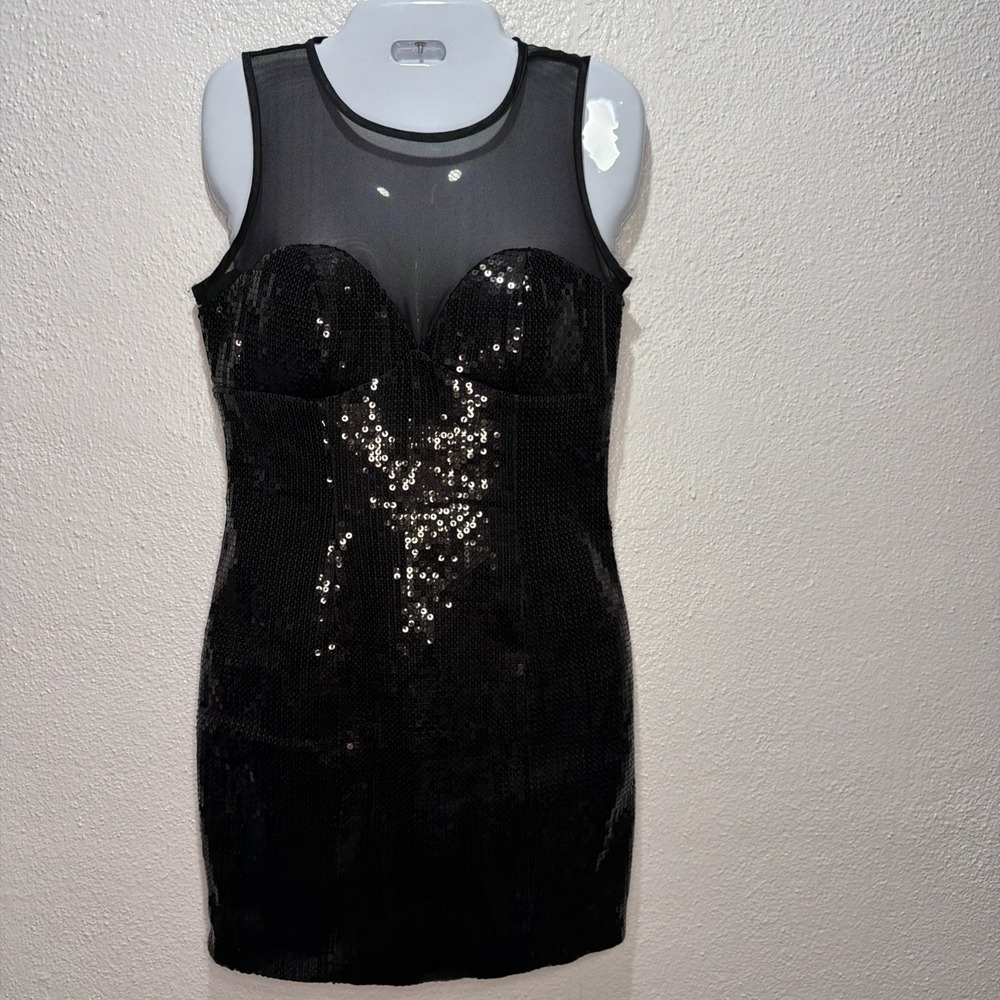 2b bebe Mini Bodycon Sequin Dress Black Sleeveless Side Zip Cocktail Size S